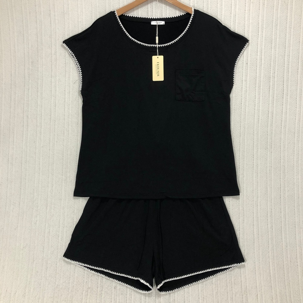 Ekouaer Black Pajama Set Short Sleeve Top and Shorts with White Trim NWT